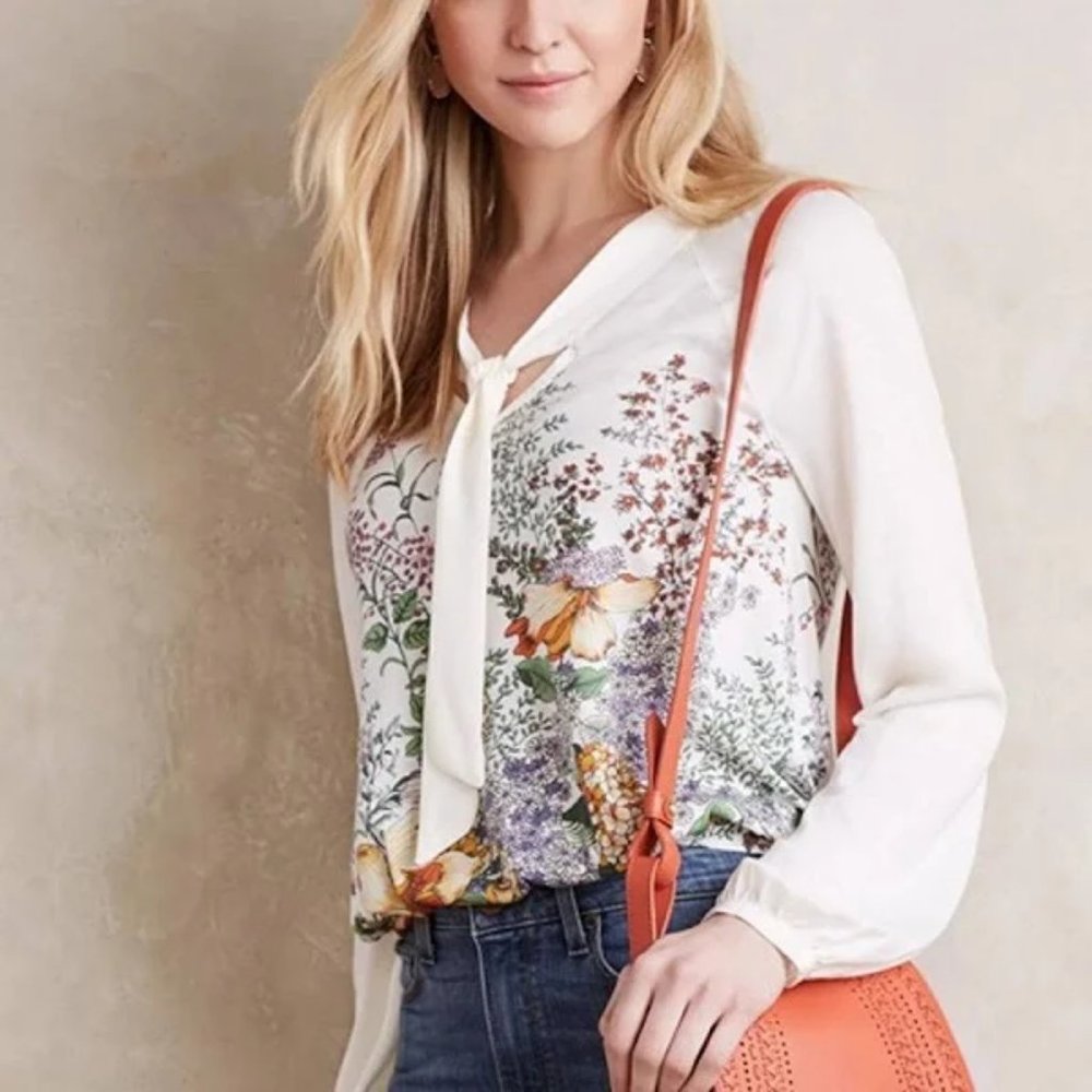 Anthropologie Meadow Rue Montmagny Floral Print Tie Neck Long Sleeve Top